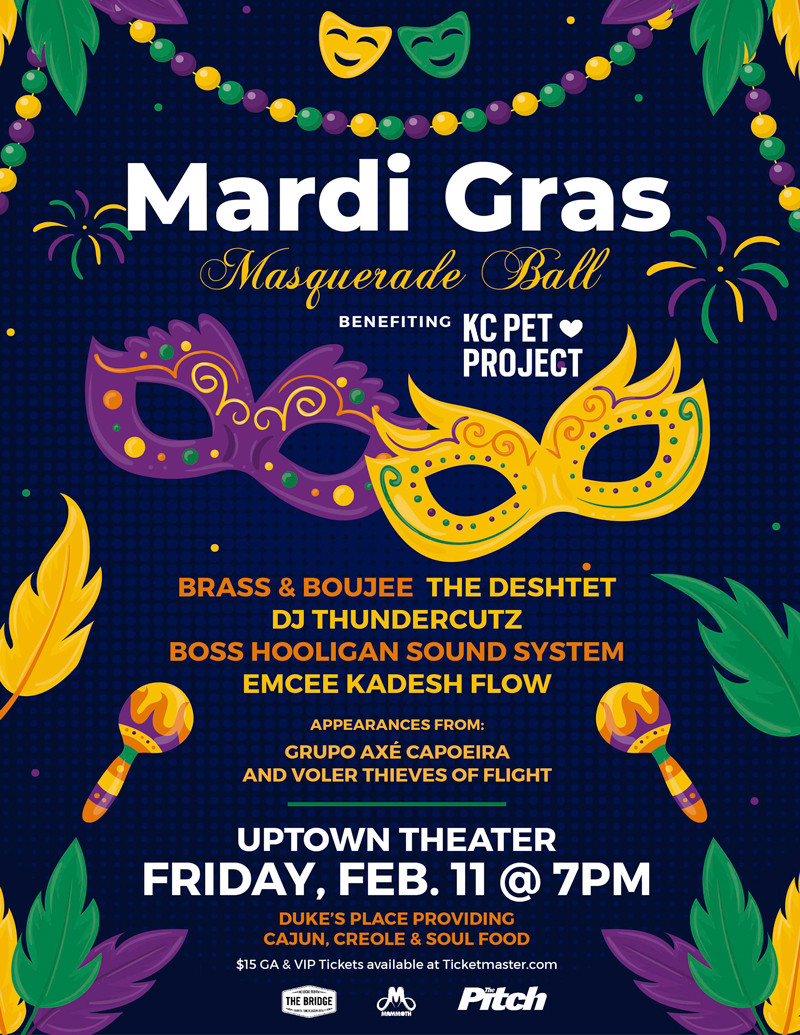 Mardi Gras Masquerade Ball w/Brass and Boujee, The Deshtet and More, 90.9  The Bridge at Uptown Theater, Kansas City MO, Fundraiser